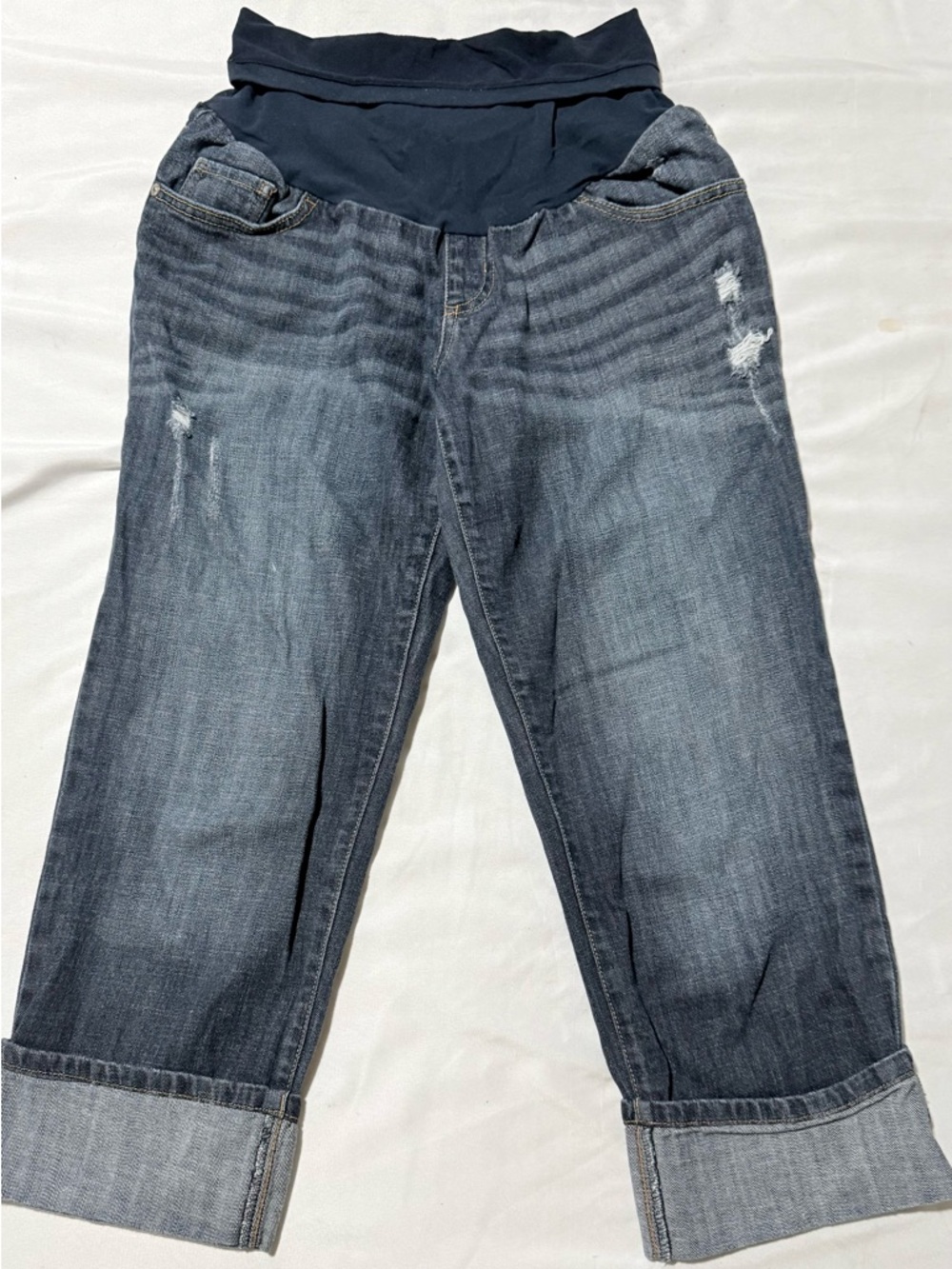 Indigo Blue Maternity Rolled Cuff Distressed Denim Capri - Navy Waistband